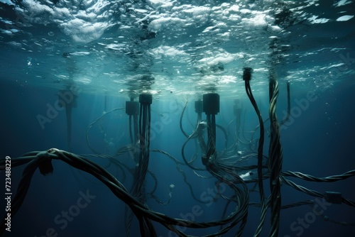 Underwater landscape with electric cables and wires in deep blue sea. submarine communications cable. international underwater Internet cable. telecom and broadband outage. photo
