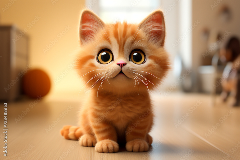 Orange cat with a background of a room. Adorable 3D cartoon animal portrait.
