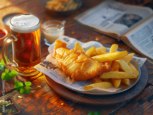Immerse in the cozy charm of a British pub: A pint of beer, fish & chips on a rustic table. Warm lighting highlights the golden crispness. Perfect for capturing pub culture in stock photography photo