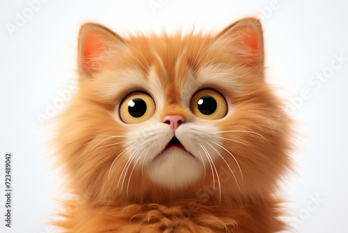 Orange cat on a white background. Adorable 3D cartoon animal close-up portrait.