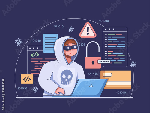 Illustration depicting a hacker engaged in illegal activities with a laptop. The background features coding language, security keys, and a credit card, symbolizing the tools and targets of cybercrime.