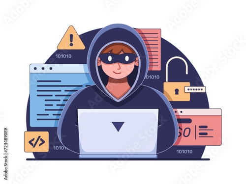 Skilled hacker at work amidst digital coding, security keys, and bank data, symbolizing online threats and the risks of unauthorized access.