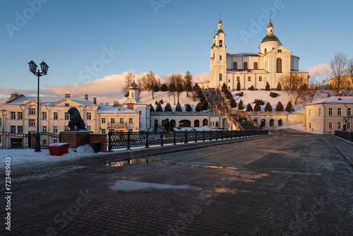 View of the Holy Spirit Monastery and the Holy Dormition Cathedral on the Assumption Mountain on a winter day from Pushkin Street, Vitebsk, Belarus photo