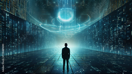 A digital guardian standing tall amidst a sea of binary code, representing the role of artificial intelligence in cybersecurity