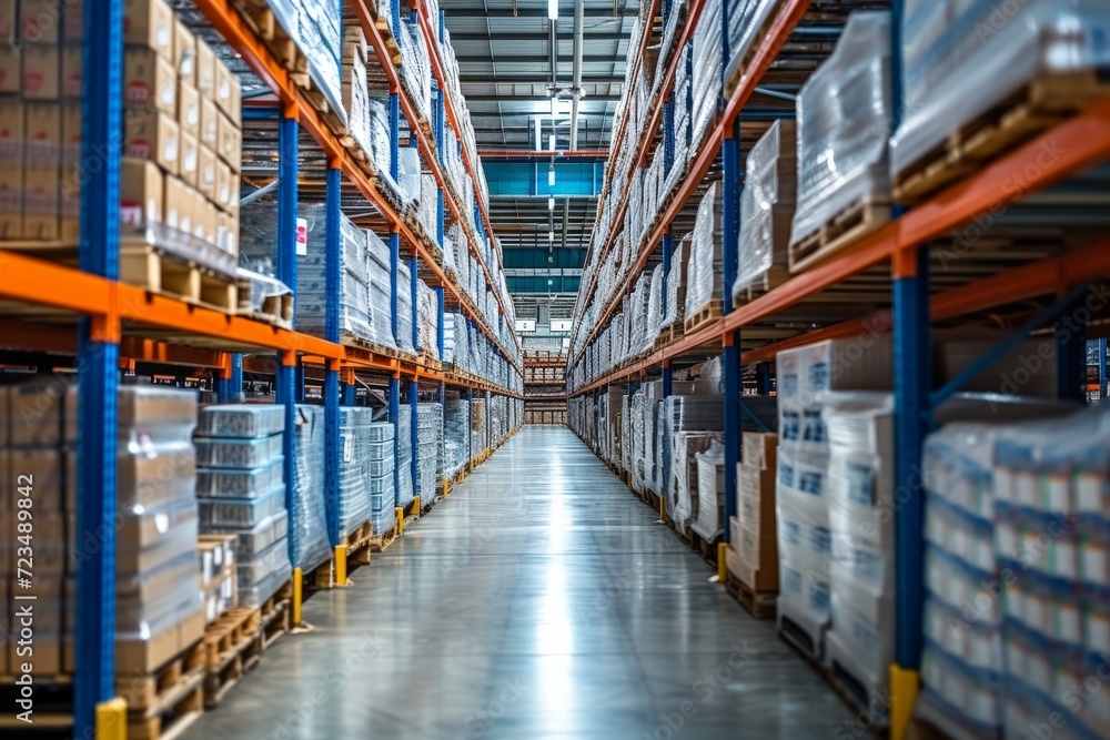 a warehouse with high shelves filled with boxes and products. Generative AI