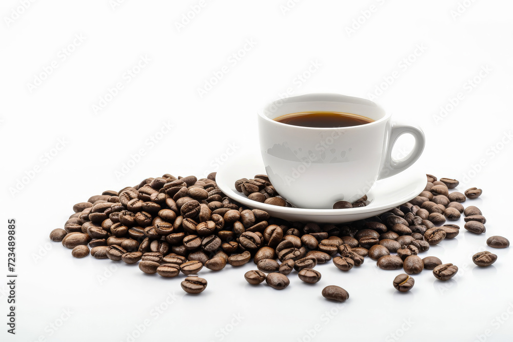 Hot coffee in white cup with coffee beans. white background. generate ai Hot coffee in white cup with coffee beans. white background. generate ai