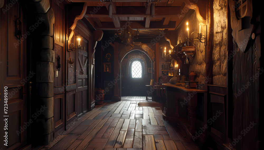 an old wooden hallway through a dark castle