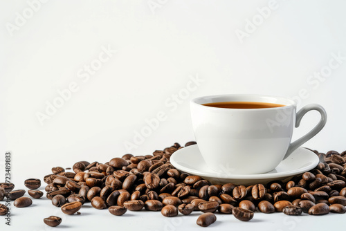 Hot coffee in white cup with coffee beans. white background. generate ai