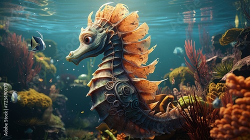 A whimsical seahorse swimming in the ocean depths