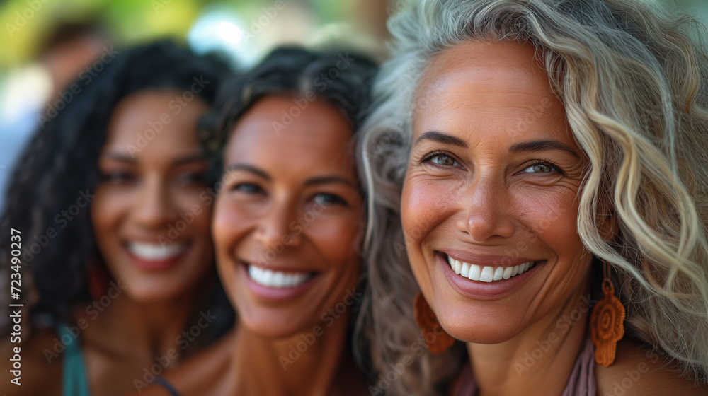 A close-up portrait of three multiethnic of middle-aged women sharing a moment of laughter, exemplifying strong female relationships and joyous companionship.