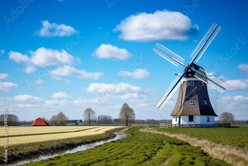 Generative AI Image of Windmill on the Dutch Tower Building with Nature View in Bright Day