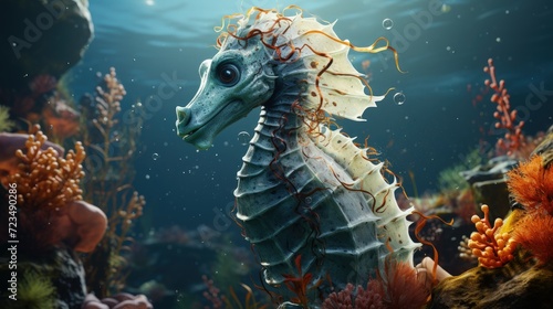 A whimsical seahorse swimming in the ocean depths © Mahenz