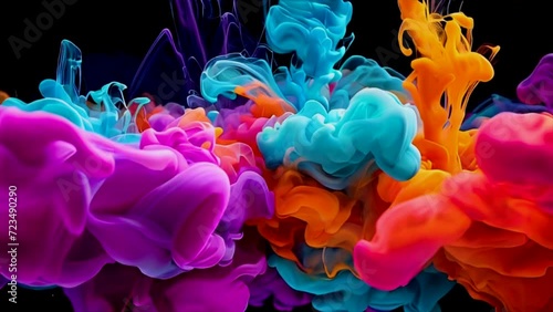 Colorful explosion animation in black background, fluid splash on vibrant purple fume creative texture. photo