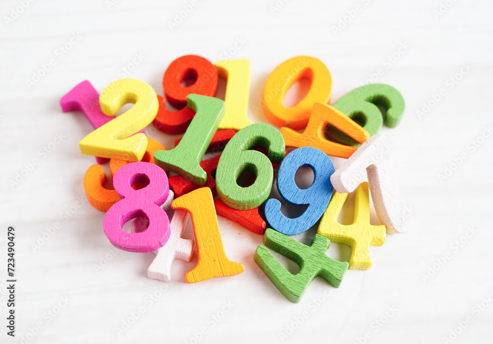 Naklejka premium Number wood block cubes for learning Mathematic, education math concept.