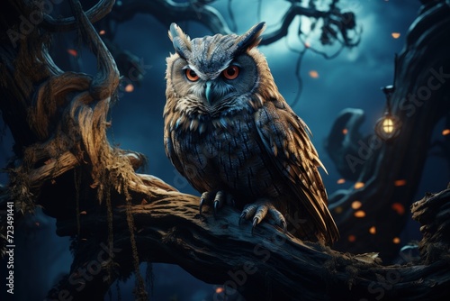 A wise old owl perched in a moonlit night