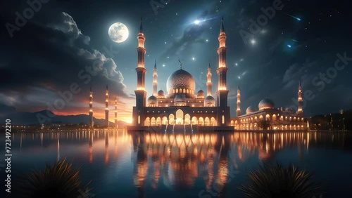 beautiful view of the mosque at night. seamless looping 4K virtual video animation background