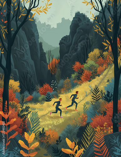 men running on a pathway through a forest and hills