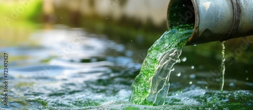 Contaminated green water flows from pipe into clean drinking water.