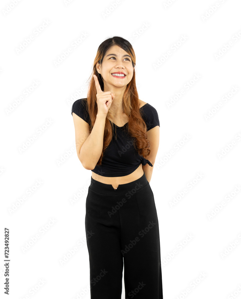 Young asian woman long hair style smailing face pointing finger for copy space isolated on white background.
