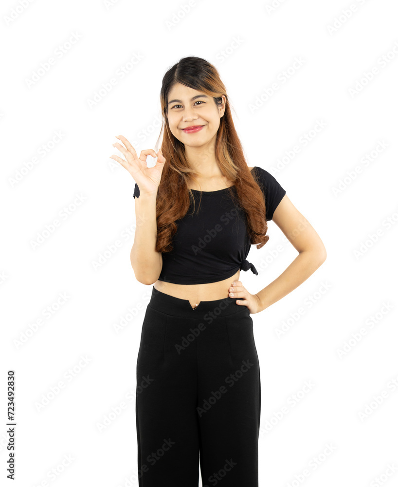 Young asian woman long hair style in black shirt posing ok approval hair symbol isoloated on white background. Young asian woman long hair style in black shirt posing ok approval hair symbol isoloated on white background.