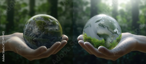 Globe in human hands, our planet glowing in the dark. photo