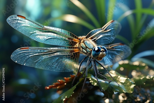 A delicate dragonfly resting on a leaf © Mahenz