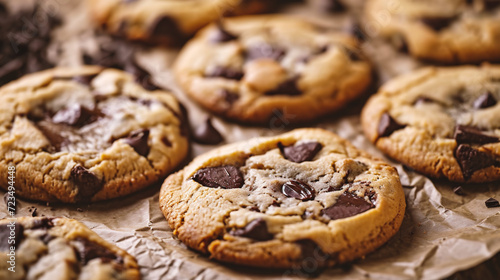 Chocolate chip cookies on baking paper, close-up, selective focus