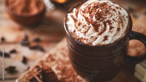 Hot chocolate with whipped cream and cocoa powder on a wooden background. photo