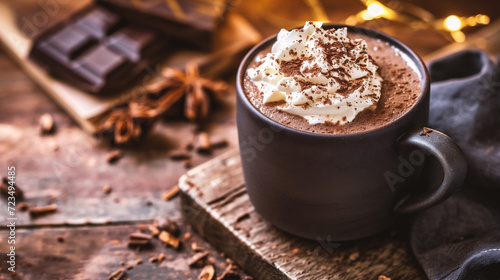 Hot chocolate with whipped cream and cocoa powder on a wooden background.
