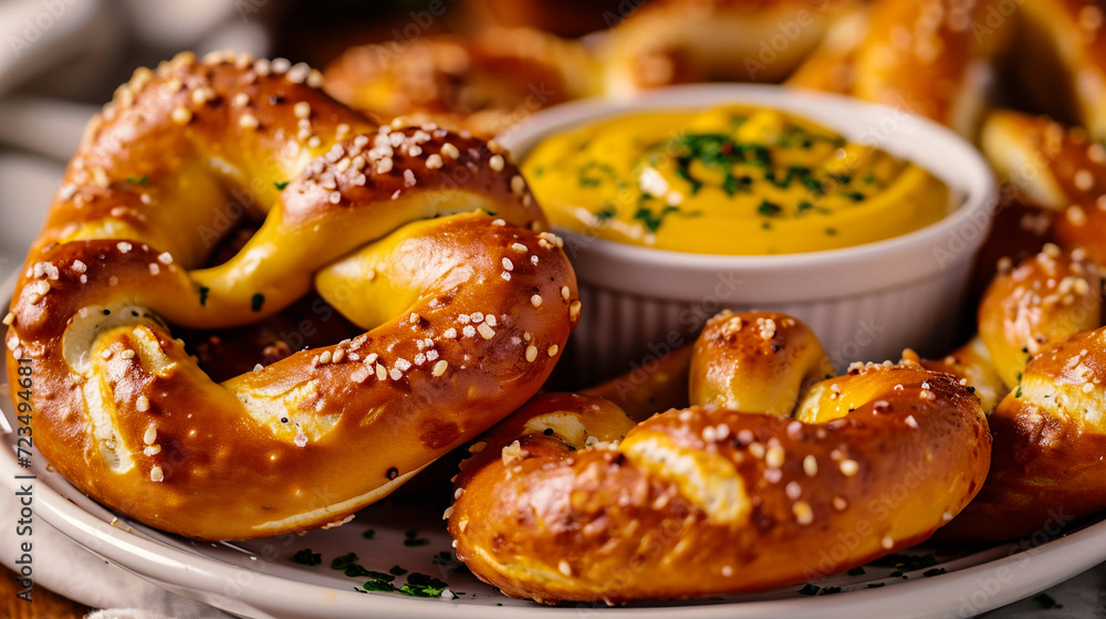 Bavarian pretzels with mustard on a wooden table. Bavarian pretzels with mustard on a wooden table.