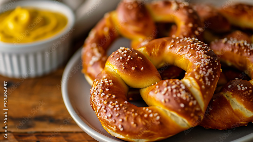 Bavarian pretzels with mustard on a wooden table. Bavarian pretzels with mustard on a wooden table.