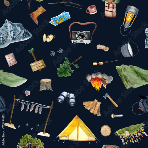 Watercolor adventure camping seamless multidirectional pattern on darn blue background photo