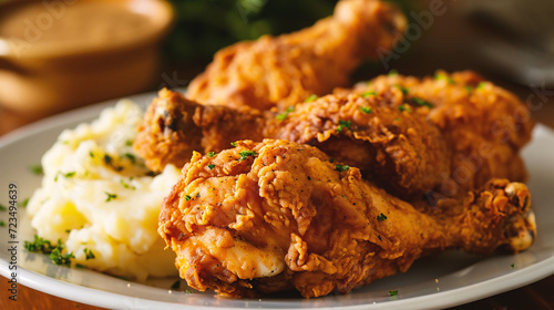 Crispy fried chicken legs with mashed potatoes 