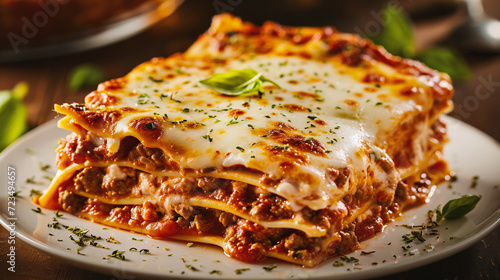 Closeup of a plate of lasagne bolognese
