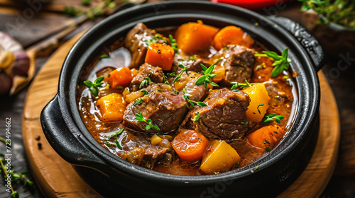 Beef Bourguignon stew with potatoes, carrots and herbs
