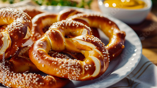 Bavarian pretzels with mustard on a wooden table. photo