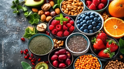 Colorful fresh and healthy fruits and berries, featuring strawberries, blueberries, apples, grapes, and raspberries on table.