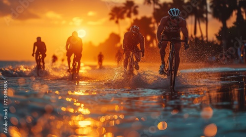 Triathletes competing in the sunlight. Triathlon concept.