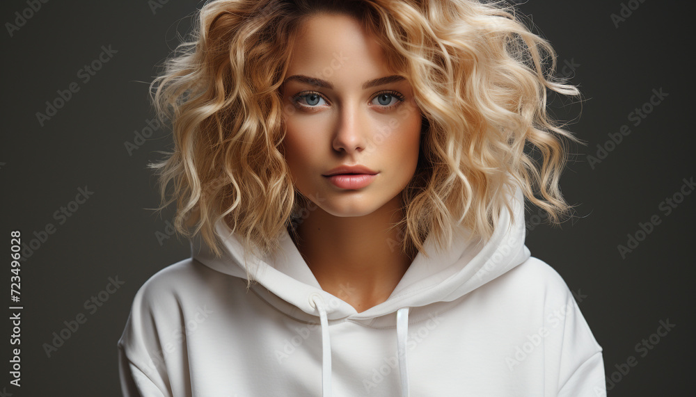 Beautiful woman with blond hair looking at camera, fashionable and confident generated by AI