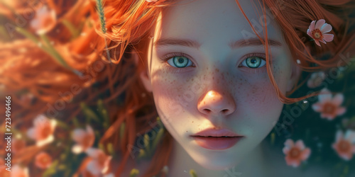 young girl in flowers with long hair and orange streaks, generative AI
