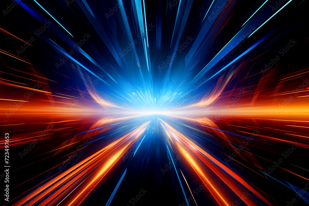 Light motion. Speed motion on the neon glowing road at dark. Speed motion. Colored light streaks acceleration. Abstract illustration. Blue and orange-yellow motion streaks. Space Gates.