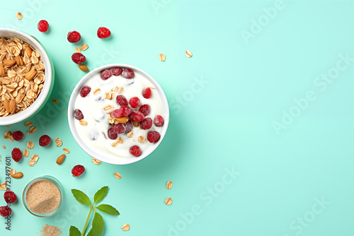 Healthy mix berries fruits, grains and yogurt organic food breakfast cereal clean eating selection on pastel aqua green background. colorful fruits top view flat lay
