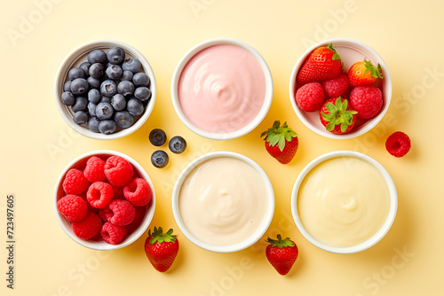 Wallpaper Mural Healthy mix berries fruits, plain yogurt and strawberry yogurt variation organic food breakfast cereal clean eating selection on pastel yellow background. colorful fruits top view flat lay Torontodigital.ca