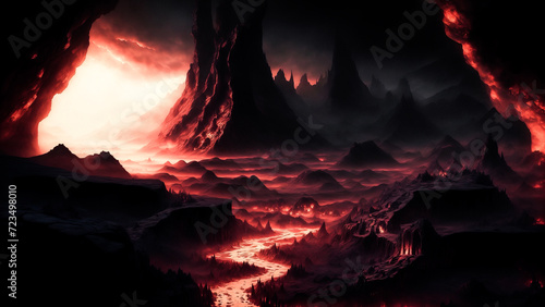 dark and scary hell environment with spooky landscape and fiery atmosphere created with using Generative AI Technology