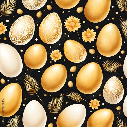 Golden Easter eggs detailed with flowers and leaves. black background. illustration for cards, backgrounds, prints, events.