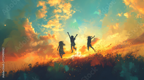 Three Girls Jumping Over a Yellow Summer Night with Clouds photo