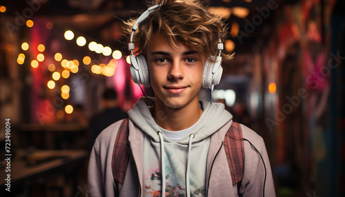 Smiling young adult enjoying nightlife, listening to music outdoors generated by AI