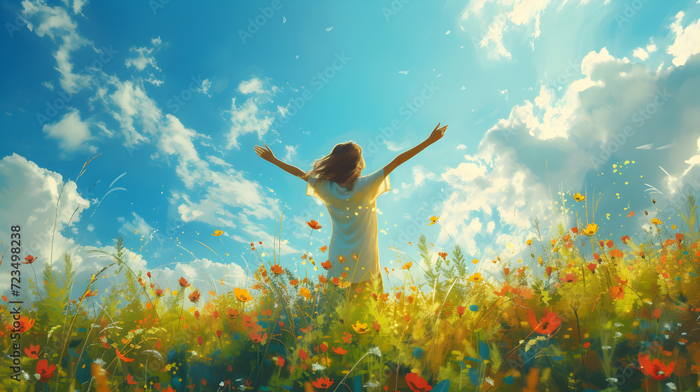 Youthful Girl Reaching Up in a Flower Field