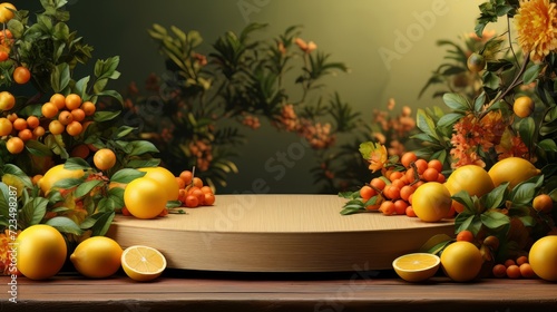 Fruit podium background product citrus beauty vitamin orange cosmetic lemon summer. Podium fruit health peach platform background concept stand presentation mockup plant display food juice scene stage