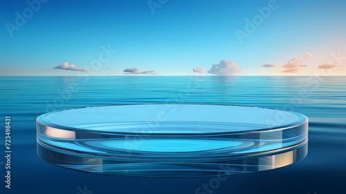 Abstract 3D Display Stand  Glass Podium on Blue Water Background. 3D Display Stand on Blue Water Background with Glass Podium Cosmetic Product Presentation